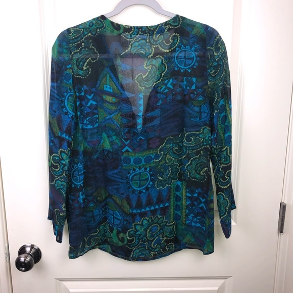Chico’s V Neck Sheer Popover Blouse Blue Green S - Picture 7 of 13